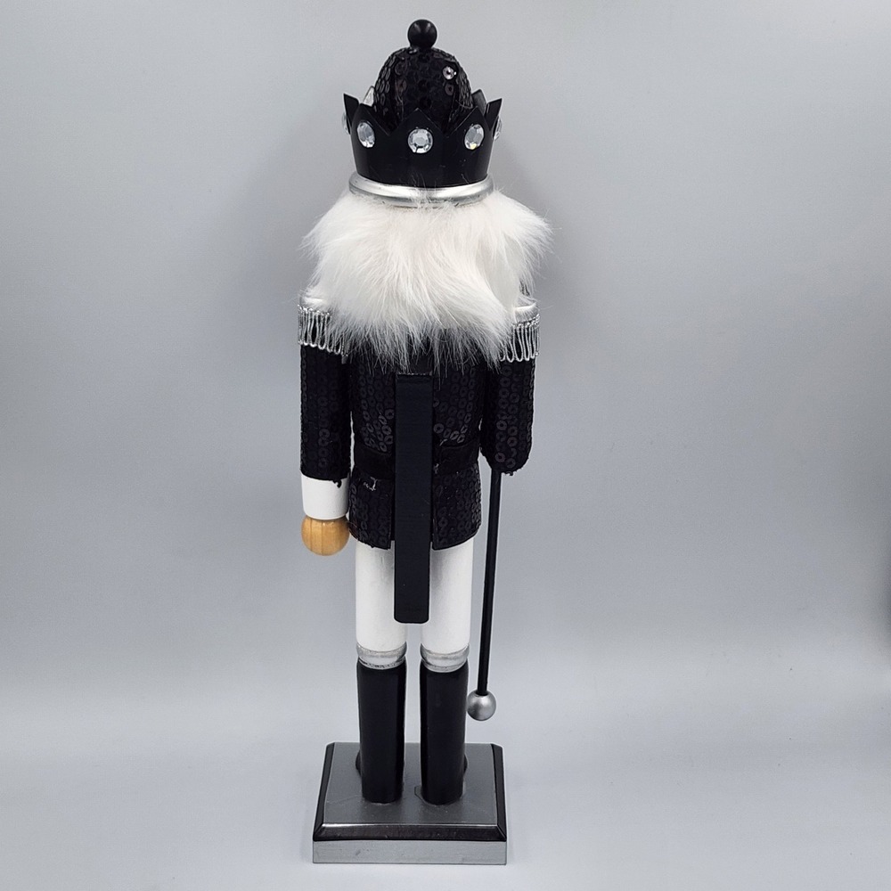 Black Silver King Guard Nutcracker Christmas Sequin Crown Wooden 15" Holiday - Picture 5 of 7